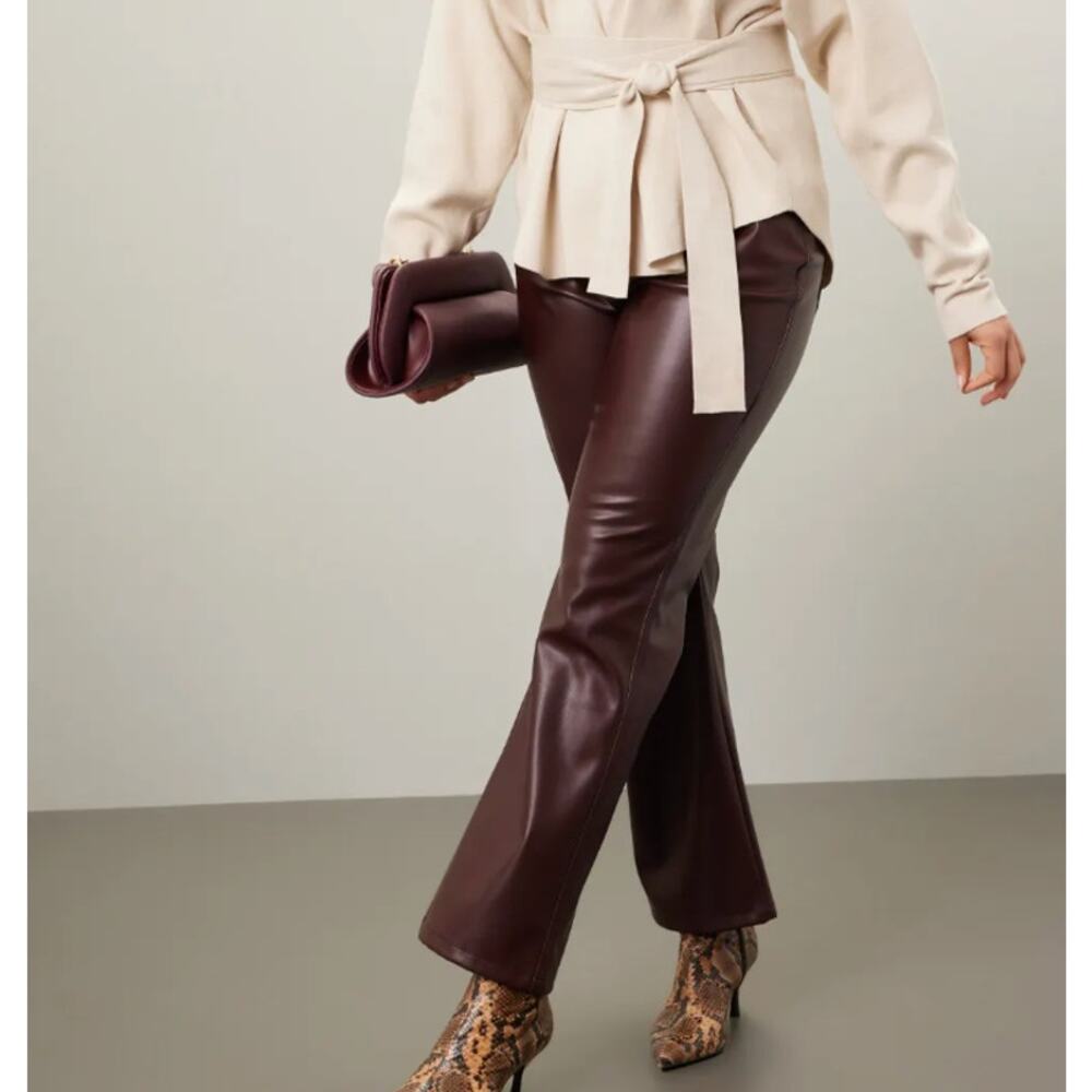 Marissa Web Brown Faux Leather Kick Flare Pants Size 14 Slimming Career $325